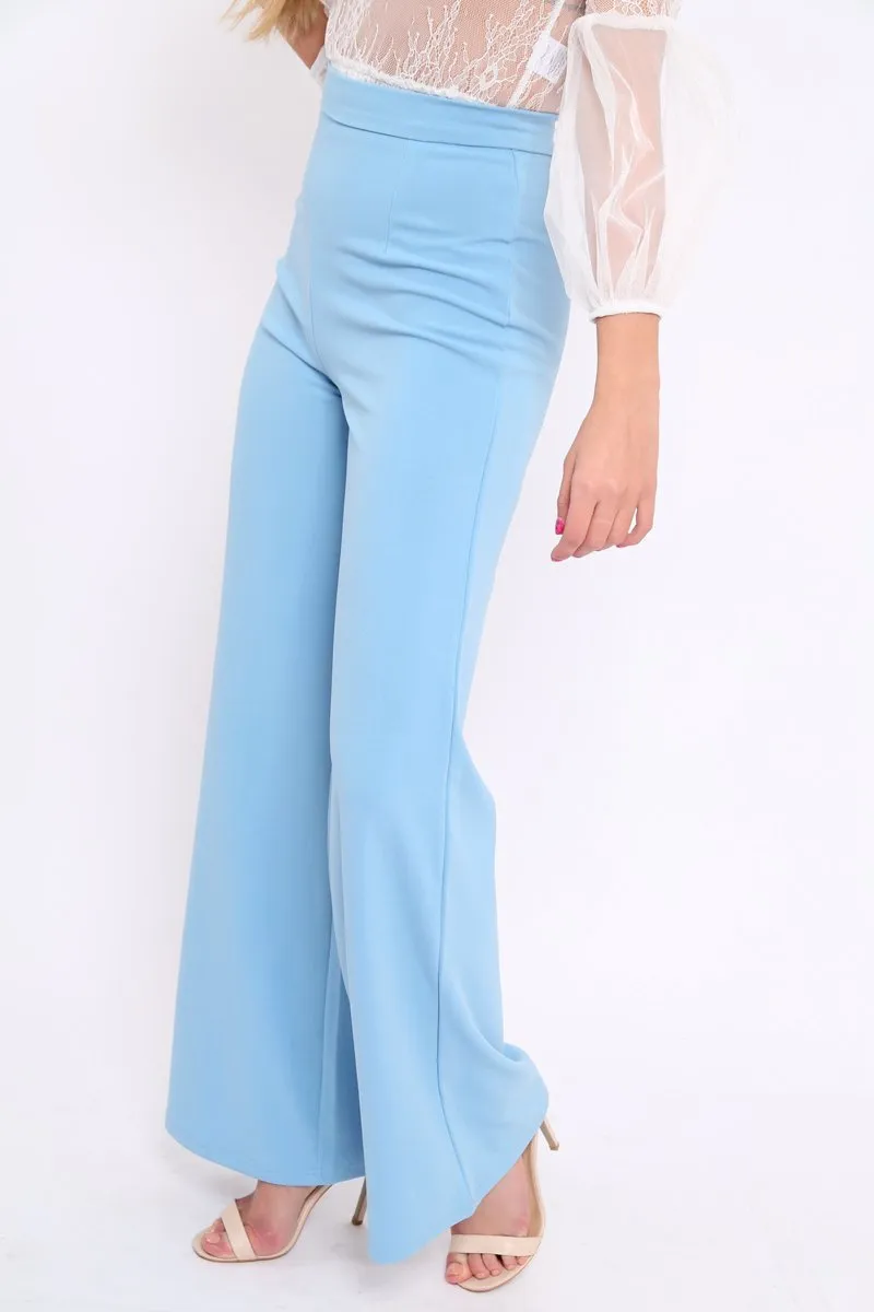 Powder Blue High Waist Flare Trousers -Tisha