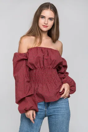 Red Check Smocked Waist Off The Shoulder Top