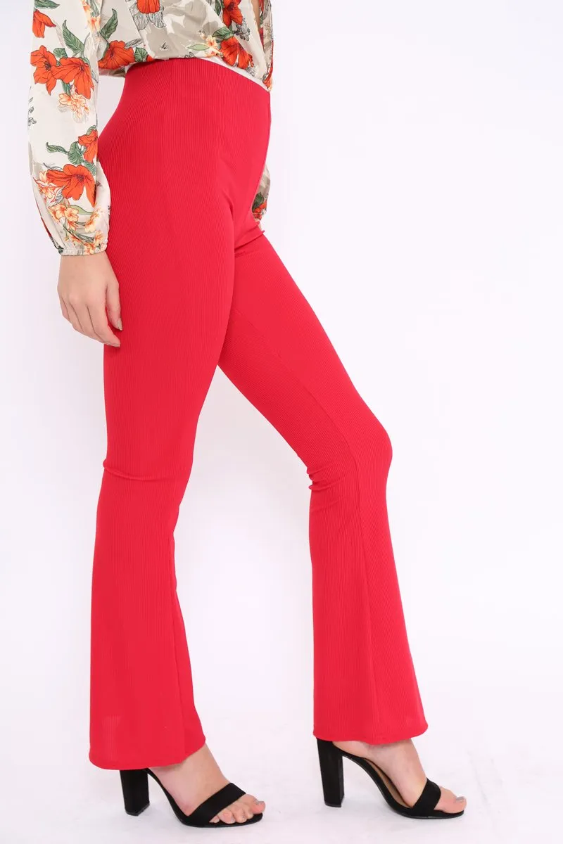 Red Ribbed Kick Flare Trousers - Chlo