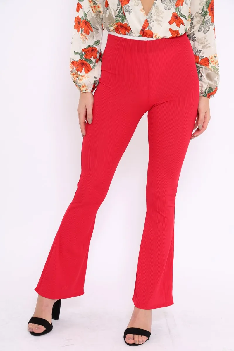 Red Ribbed Kick Flare Trousers - Chlo