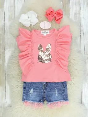 Sequin Bunny Coral Ruffle Top & Denim Shorts