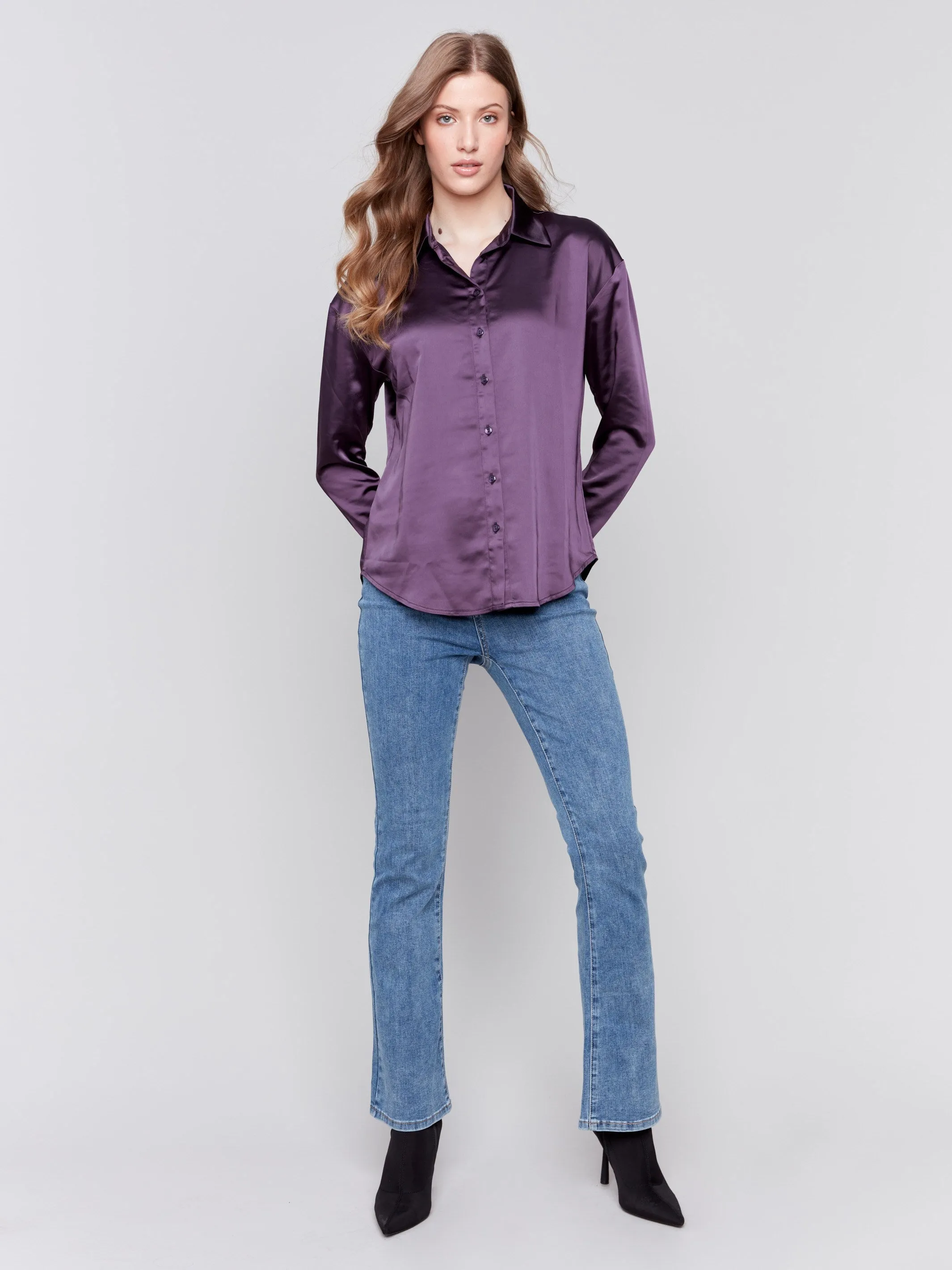 Solid Satin Button-Down Shirt - Plum