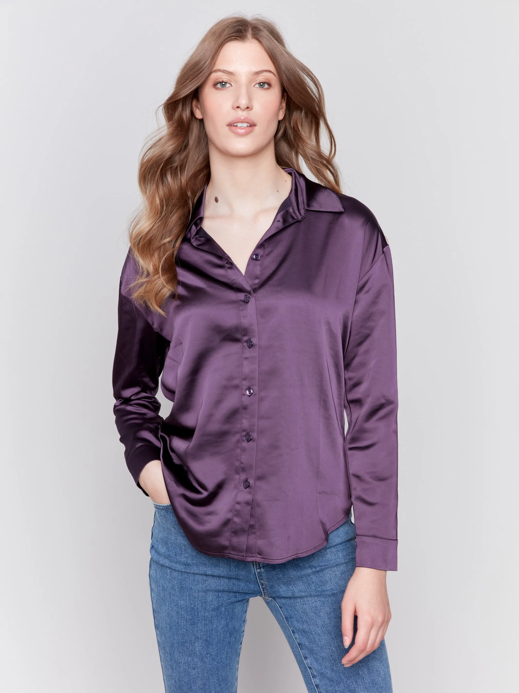 Solid Satin Button-Down Shirt - Plum