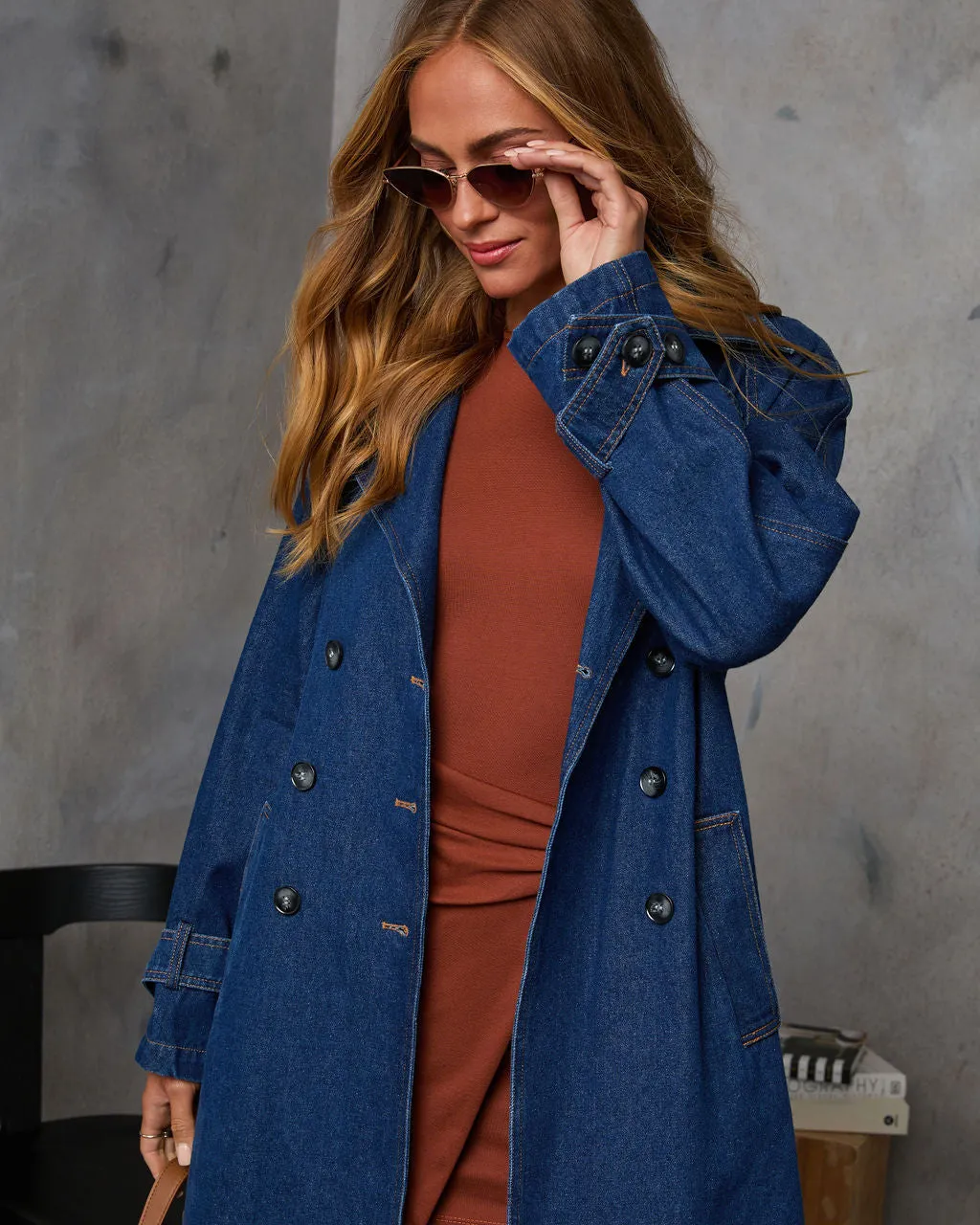 Spiced Pear Belted Denim Trench Coat