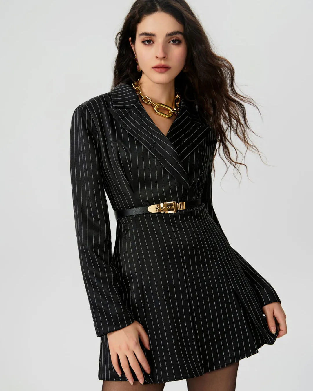 Striped Split Button Blazer Mini Dress Without Belt