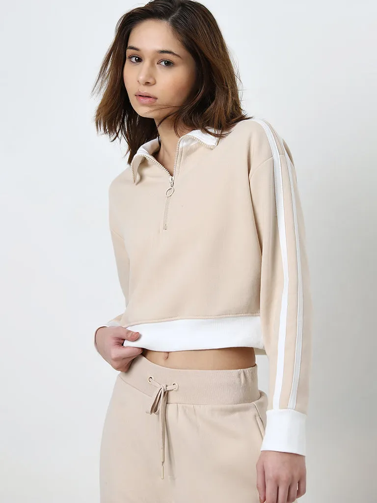 Studiofit Beige Stripe Detailed Sweatshirt