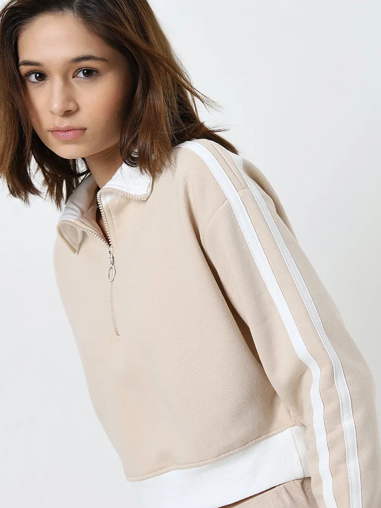 Studiofit Beige Stripe Detailed Sweatshirt