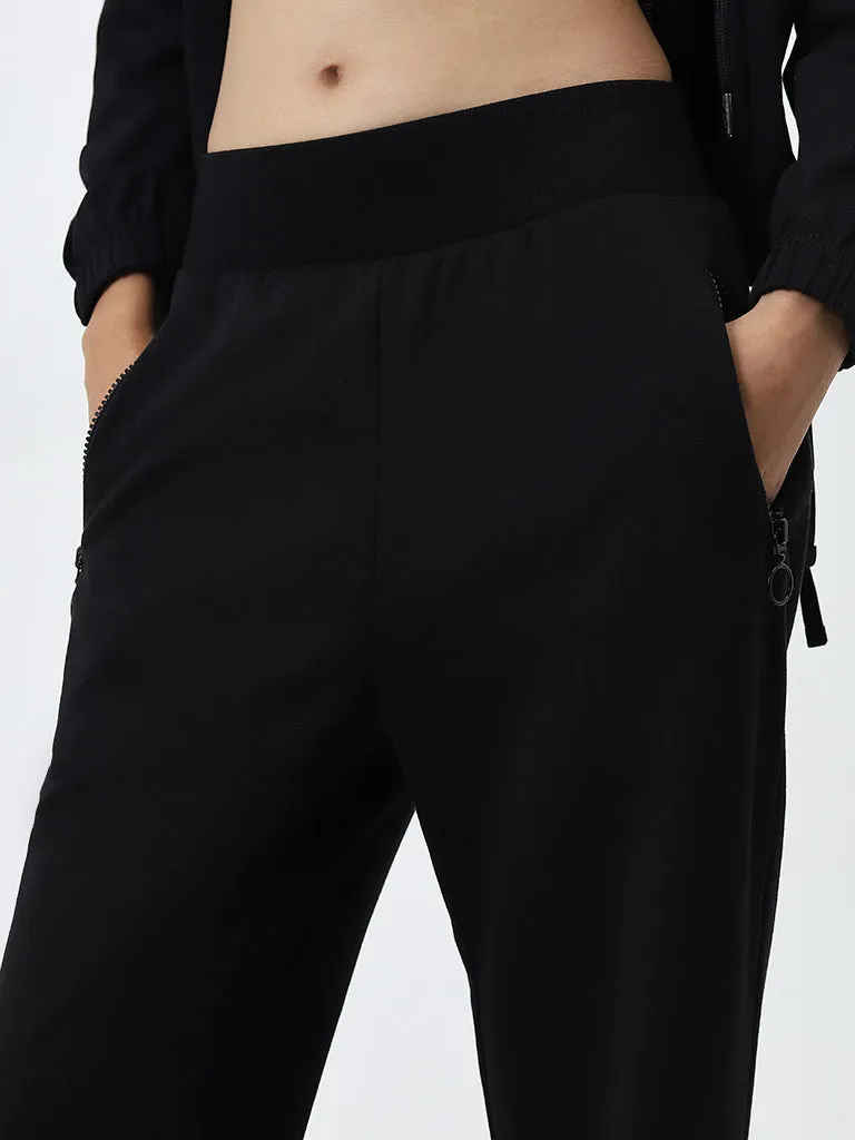 Studiofit Black Solid High-Rise Cotton Blend Track Pants