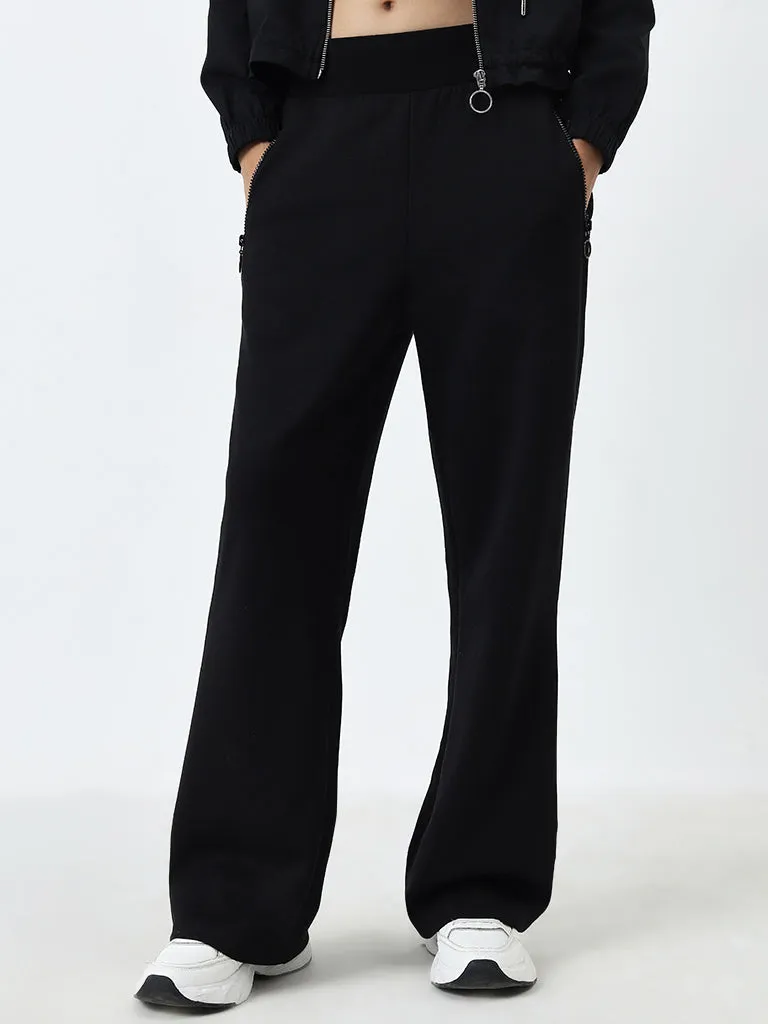 Studiofit Black Solid High-Rise Cotton Blend Track Pants