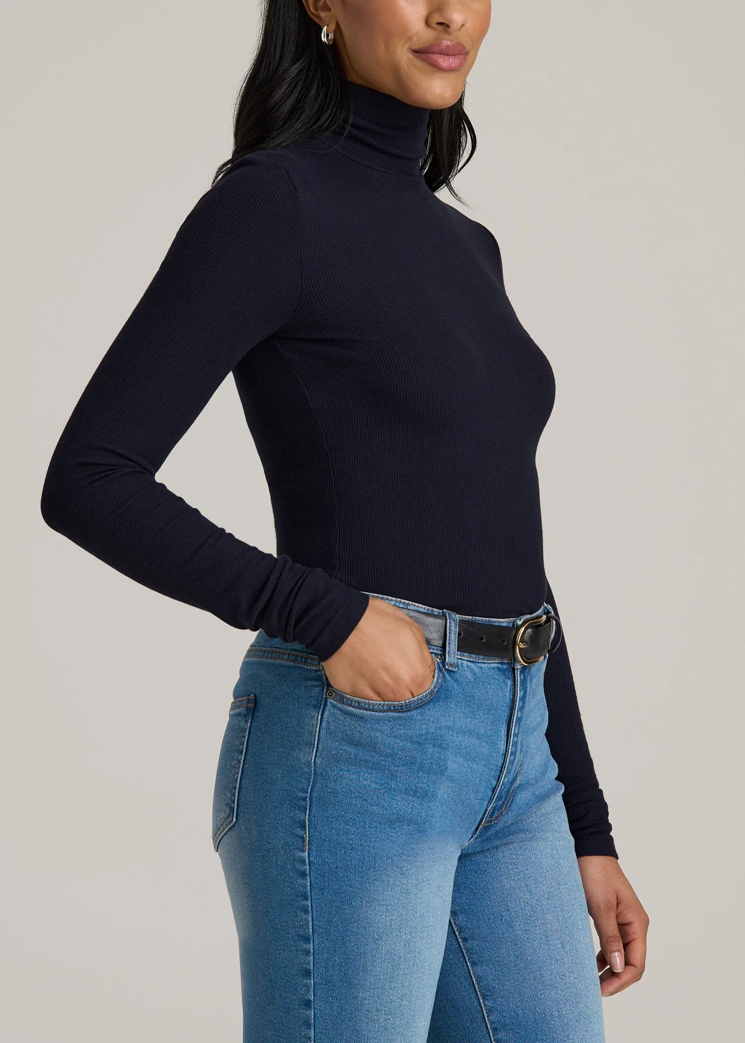 Tall Women's FITTED Long Sleeve Ribbed Turtleneck Tee in Deep Navy