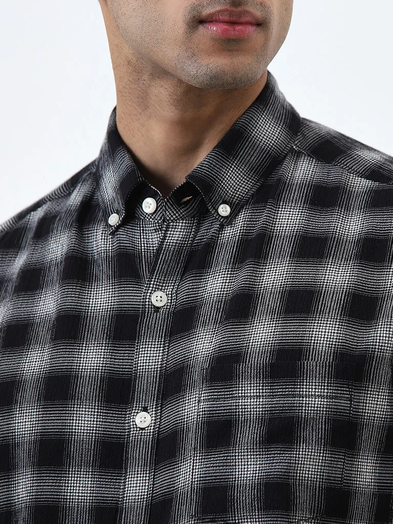 WES Casuals Black Checkered Slim-Fit Cotton Blend Shirt