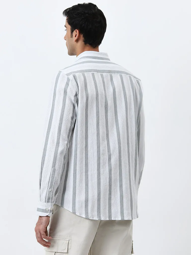 WES Casuals White Striped Slim-Fit Cotton Blend Shirt