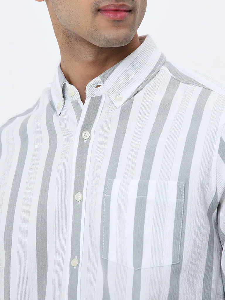 WES Casuals White Striped Slim-Fit Cotton Blend Shirt