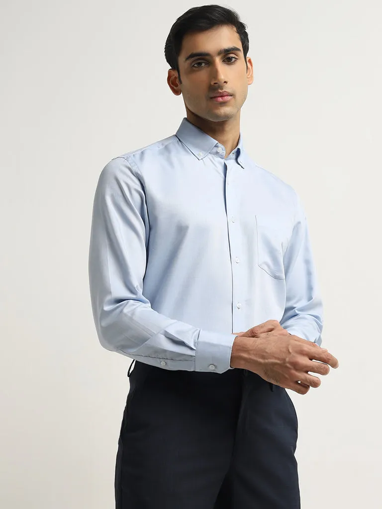 WES Formals Blue Slim-Fit Cotton Shirt