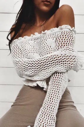 White Bardot Ruffle Hem Crochet Top - Byrdie