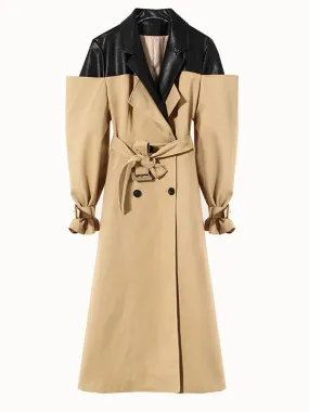 Women's Khaki Vegan Leather Long Trench Coat